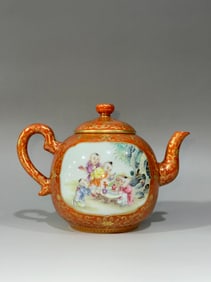 An Exquisite Iron-Red Painted Gold Character and Story Pattern Lotus Pattern Ewer