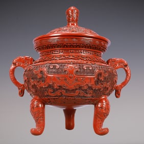 A Exquisite Carved Red Lacquer Beast-Face Pattern Double-Ears and Tripod Censer