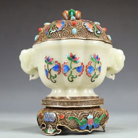 A Exquisite White Jade Inlaid Gems Flower Pattern Double-Ears Censer