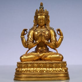 An Exquisite Gilt Bronze Four-arms Statue of Avalokitesvara