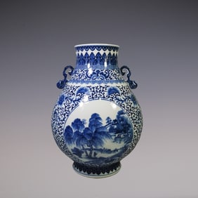 An Exquisite Blue and White Lotus Pattern Landscape and Figure Pattern Double-Ears Vase