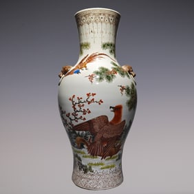 An Exquisite Famille-Rose Flower and Bird Pattern with poem Double-Ears Vase
