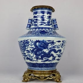 An Exquisite Blue and White Inlaid Bronze Dragon and Phoenix Pattern Lotus Pattern Double-Ears Vase