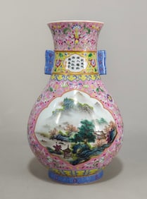 An Exquisite Famille-Rose Painted Gold Lotus Pattern Landscape Pattern with poem Double-Ears Vase
