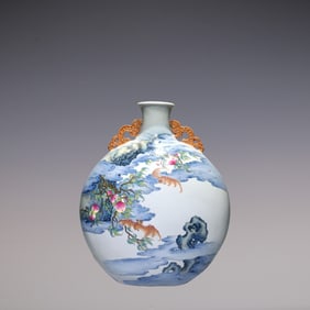 An Exquisite Famille-Rose Bats and Peach Pattern with poem Double-Ears Vase