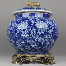 An Exquisite Blue and White Inlaid Bronze Flower and Fruit Pattern Jar