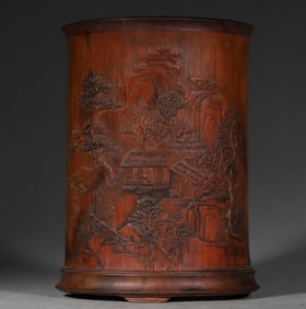 An Exquisite Bamboo Landscape and Figure Pattern with poem Brush Pot