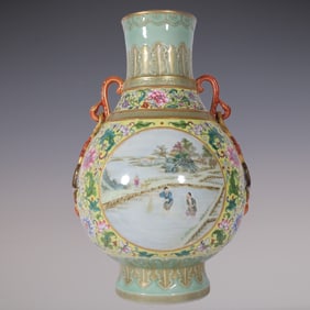 An Exquisite Famille-Rose Lotus Pattern Landscape and Figure Pattern Double-Ears Vase