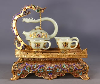 A Set of Fine Gilt Bronze Inlaid White Jade Lotus Pattern Tea set