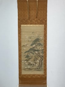 A Chinese Vertical Scroll Ink Painting of Pine and Crane on Silk