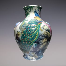 An Exquisite Enamel Flower and Bird Pattern with poem Double-Ears Vase