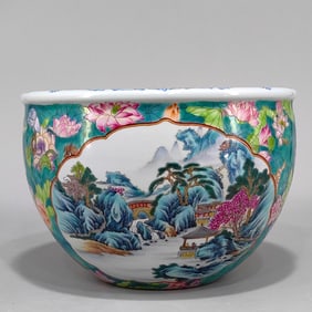 An Exquisite Famille-Rose Flower Pattern Landscape Pattern Vat