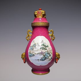 An Exquisite Famille-Rose Ruby Red-Glazed Painted Gold Landscape Pattern Vase