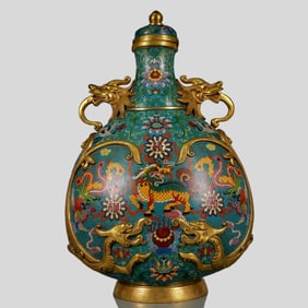 An ExquisiteCloisonne Gilt Bronze Lotus Pattern Dragon and Phoenix Pattern Double-Ears Vase