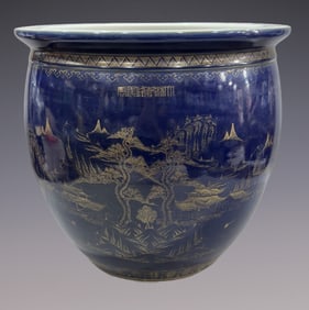An Exquisite Ji Blue Glazed Painted Gold Landscape Pattern Vat