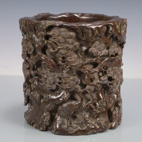 A Exquisite Zitanwood Pine and Crane Pattern Brush Pot