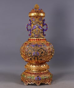 An Exquisite Gilt Bronze Inlaid Gems Lotus Pattern Double-Ears Vase