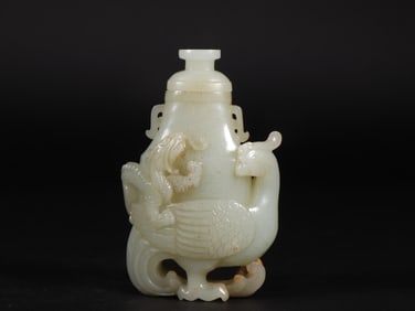 An Exquisite White Jade Dragon and Phoenix Pattern Vase