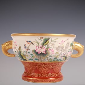 An Exquisite Enamel Iron-Red Painted Gold Flower and Bird Pattern with poem Double-Ears Censer