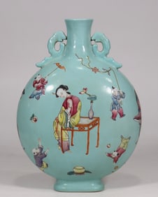 An Exquisite Famille-Rose Green Ground Character and Story Pattern Double-Ears Vase