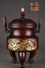 An Exquisite Gilt Bronze Flower and Bird Pattern Double-Ears and Tripod Censer