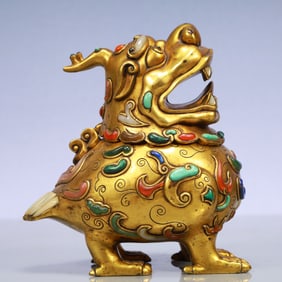 An Exquisite Gilt Bronze Inlaid Gems Auspicious Beast Censer