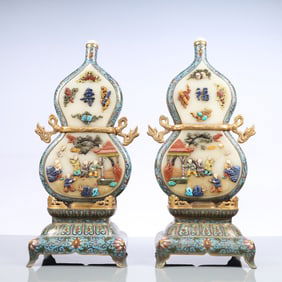 A Exquisite A pair of Cloisonne Inlaid White Jade Lotus Pattern Character and Story Pattern Eight
