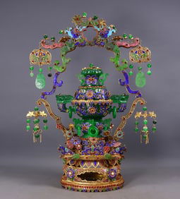An Exquisite Gilt Bronze Inlaid Jadeite Lotus Pattern Censer