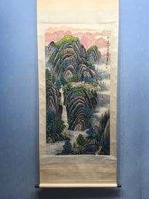 A Chinese Vertical Scroll Ink Painting of Landscape on Paper