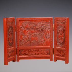 A Exquisite Carved Red Lacquer Pine and Crane Pattern Deer Pattern Screen