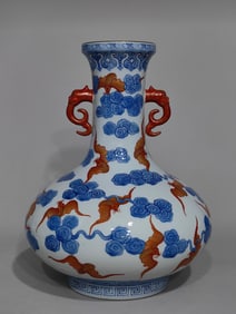 An Exquisite Blue and White Iron-Red Painted Gold Auspicious Cloud Pattern Seawater Pattern Bats