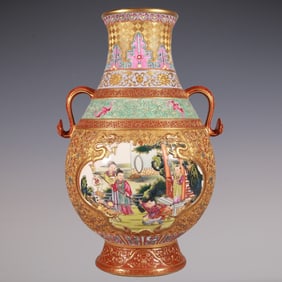 An Exquisite Enamel Painted Gold Lotus Pattern Character and Story Pattern Bats and Peach Pattern