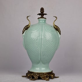 An Exquisite Celadon Glazed Inlaid Bronze Double-Ears Vase