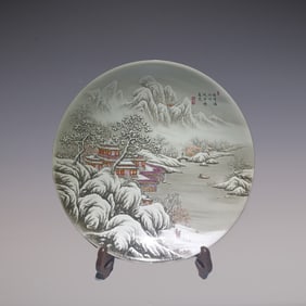 An Exquisite Famille-Rose Landscape Pattern with poem Plate