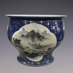 An Exquisite Ji Blue Glazed Painted Gold Landscape Pattern Bats and Peach Pattern Vat