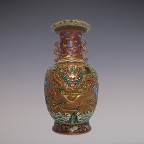 An Exquisite Enamel Lotus Pattern Dragon Pattern Seawater Pattern Double-Ears Vase