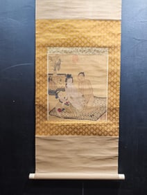 A Chinese Vertical Scroll Ink Painting of Character and Story on Silk