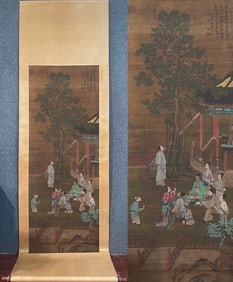 A Chinese Vertical Scroll Ink Painting of Character and Story on Silk