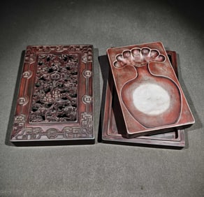 An Exquisite Bats and Peach Pattern with poem Inkstone