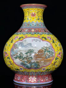 An Exquisite Famille-Rose Lotus Pattern Landscape Pattern with poem Vase