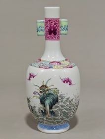 An Exquisite Famille-Rose Bats Pattern Seawater Pattern Double-Ears Vase