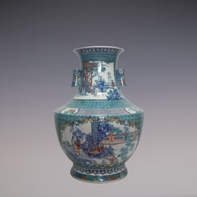 An Exquisite Doucai Flower Pattern Character and Story Pattern Double-Ears Vase