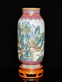 An Exquisite Famille-Rose Ruby Red-Glazed Painted Gold Bats and Peach Pattern Landscape and Figure