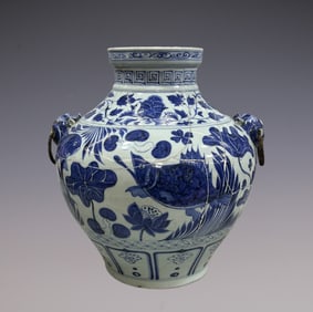 An Exquisite Blue and White Lotus Pattern Fish and Lotus Pattern Double-Ears Jar