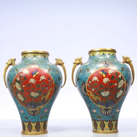 A Exquisite A pair of Cloisonne Lotus Pattern Flower and Butterfly Pattern Double-Ears Vase