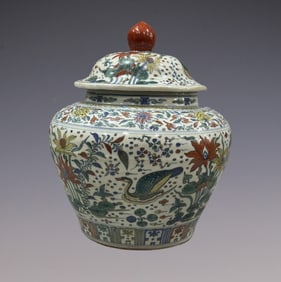 An Exquisite Doucai Blue and White Flower and Bird Pattern Jar
