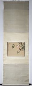 A Chinese Vertical Scroll Ink Painting of Flower and Bird on Silk