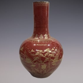 An Exquisite Ji Red Glazed Painted Gold Landscape Pattern Vase
