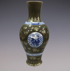 An Exquisite Blue and White Teadust Glazed Painted Gold Character and Story Pattern Flower Pattern
