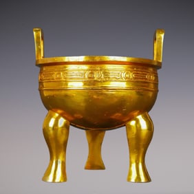 An Exquisite Gilt Bronze With Inscription Double-Ears and Tripod Censer